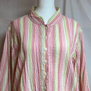 Vintage Denim & Co 3/4 sleeve Crinkle cotton button down top- 1X. Pink stripe